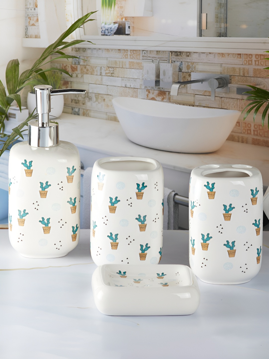 

Kookee White 4 piece Abstract Ceramic Bath Accessories Set