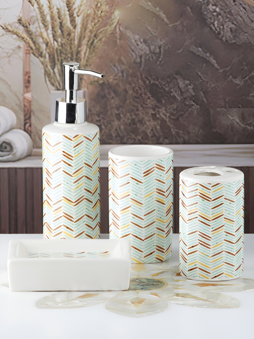 

Kookee Multicoloured 4 Pieces Abstract Ceramic Bath Accessories Set, White
