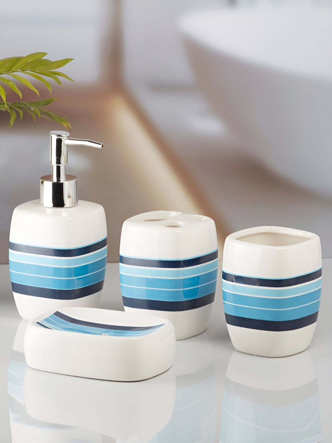 

Kookee White & Blue 4 Pieces Striped Ceramic Bath Accessories Set