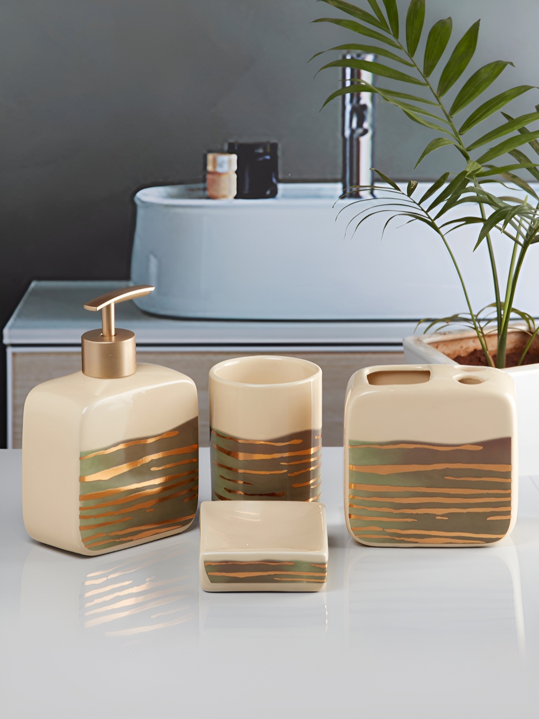 

Kookee Beige & Green 4 Pieces Striped Ceramic Bath Accessories Set