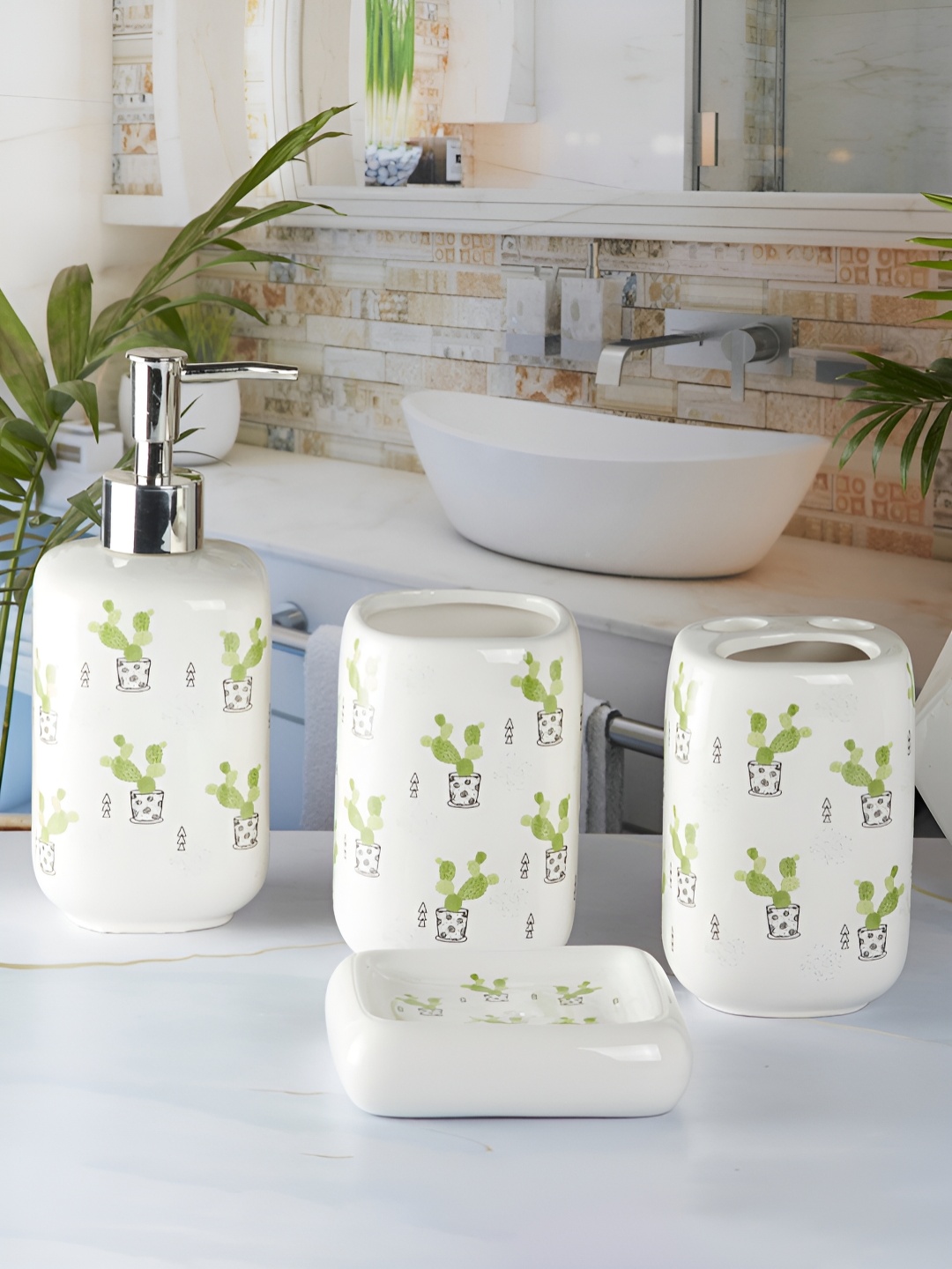 

Kookee White & Green 4 Pieces Abstract Ceramic Bath Accessories Set