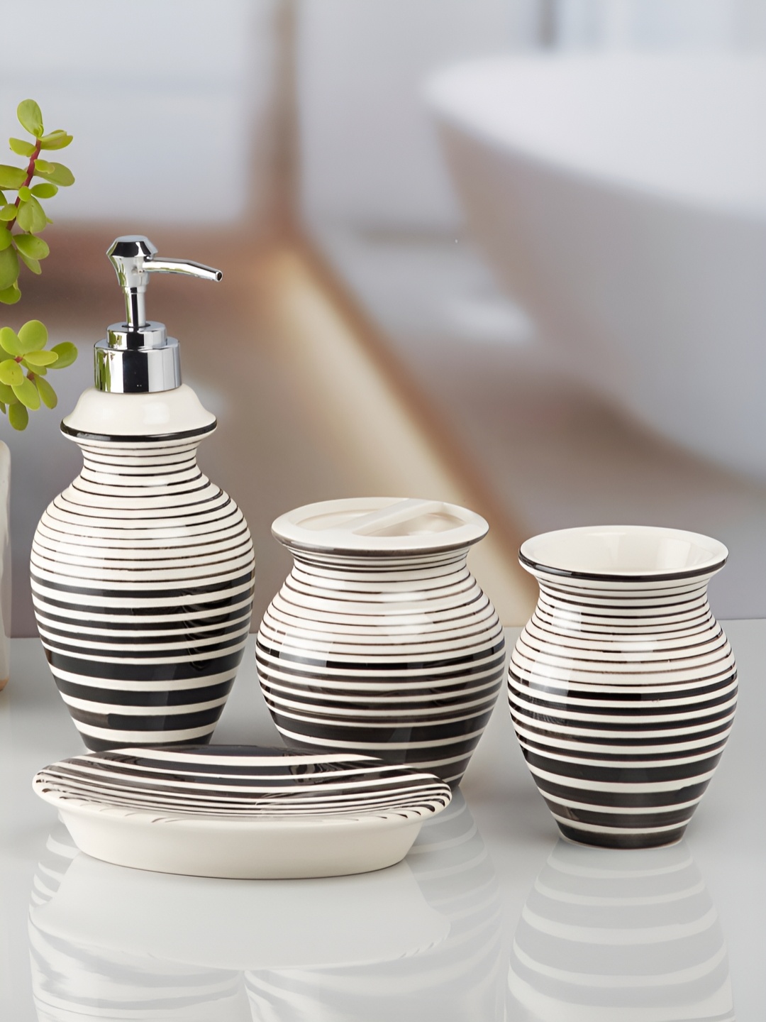 

Kookee White & Black 4 Pieces Striped Ceramic Bath Accessories Set