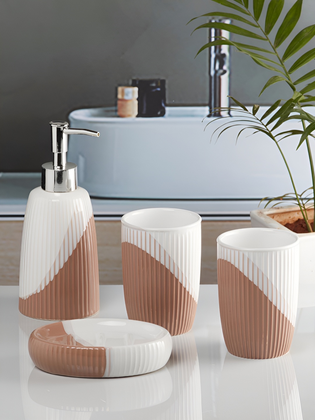 

Kookee White & Beige 4 Pieces Striped Ceramic Bath Accessories Set