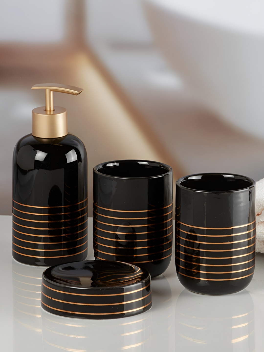 

Kookee Black & Gold-Tone 4 Piece Striped Ceramic Bath Accessories Set