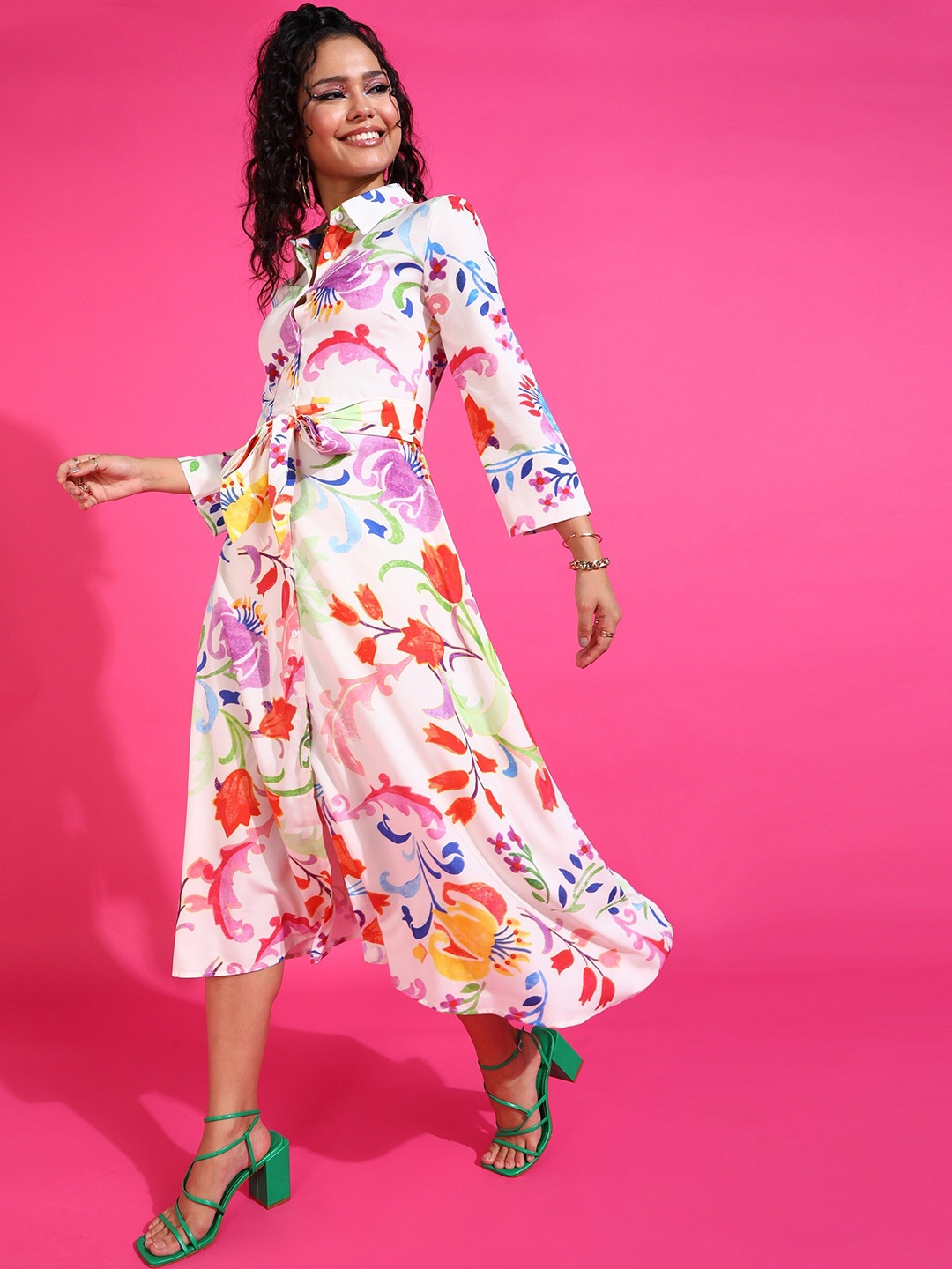 

SHECZZAR White Floral Printed Tie Ups Shirt Style Midi Dress
