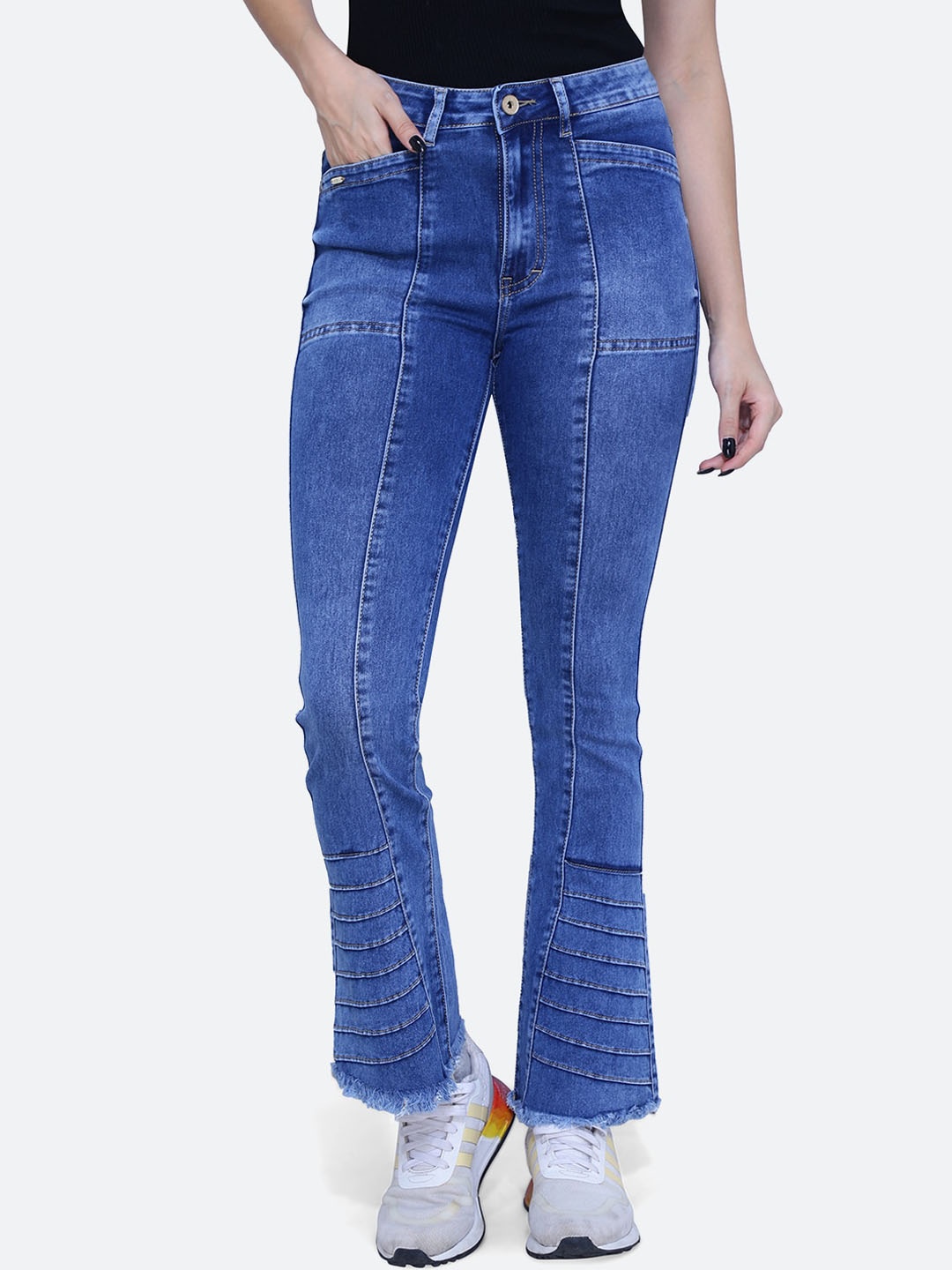 

FCK-3 Women Albert RSA Bootcut High-Rise Light Fade Embellished Stretchable Jeans, Blue