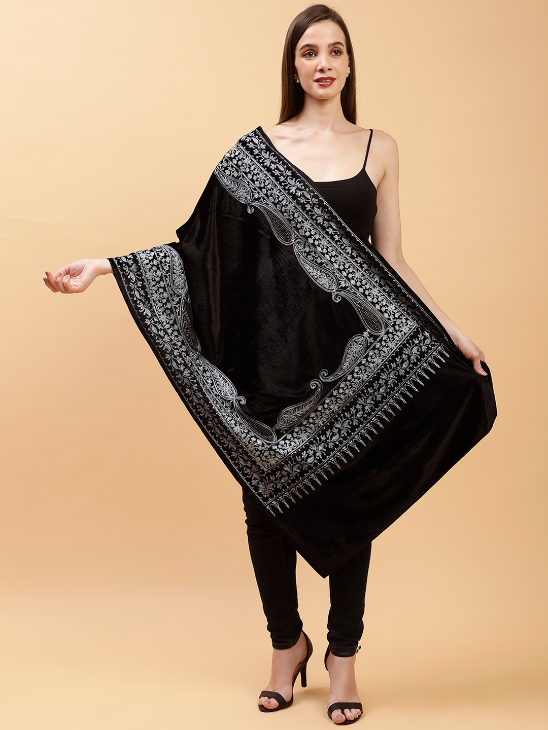 

Moda Chales Paisley Embroidered Velvet Shawl, Black