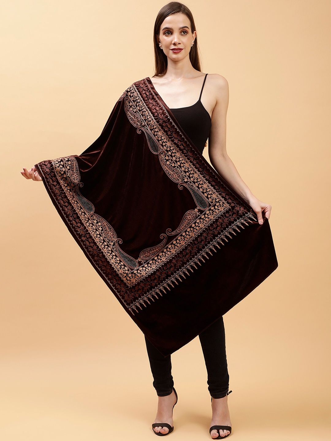 

Moda Chales Paisley Embroidered Velvet Shawl, Coffee brown