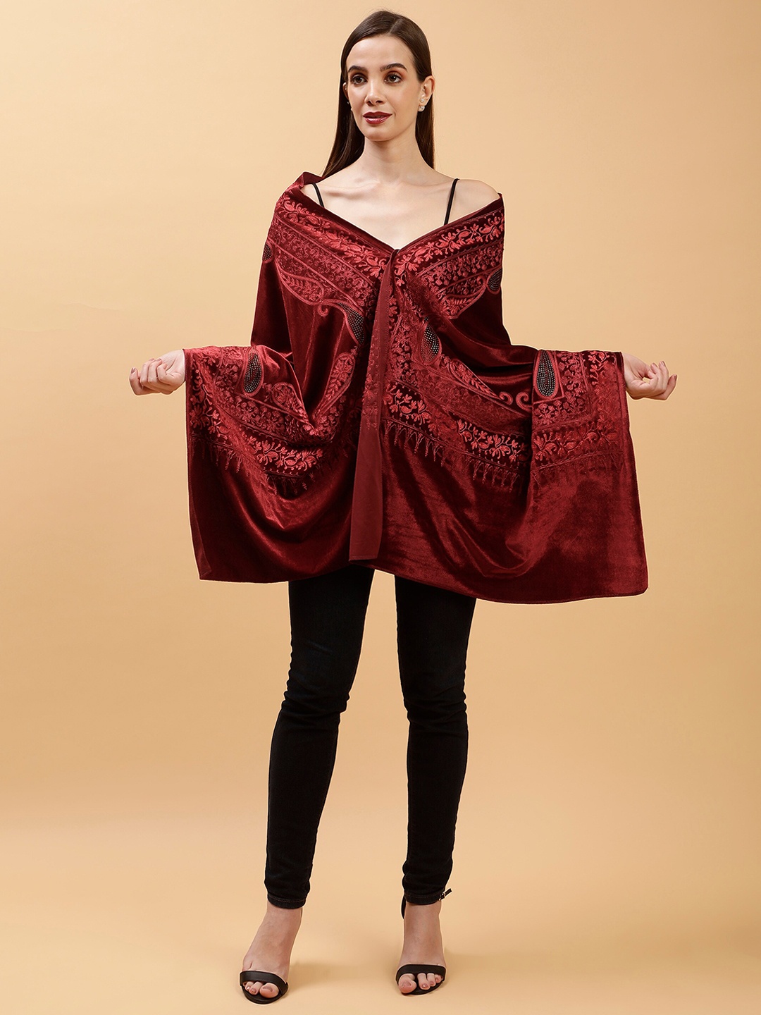 

Moda Chales Paisley Embroidered Velvet Shawl, Maroon