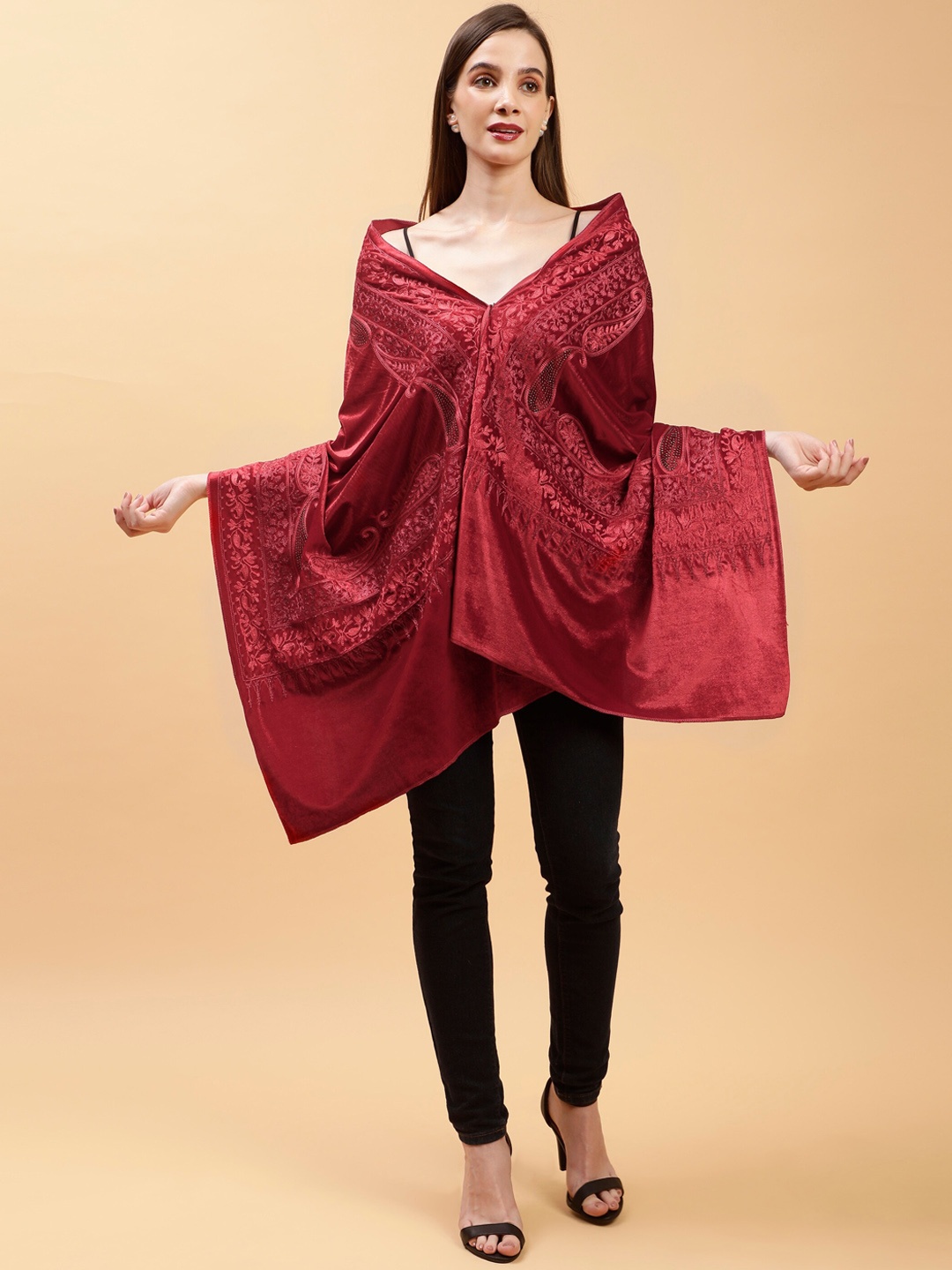 

Moda Chales Paisley Embroidered Velvet Shawl, Red