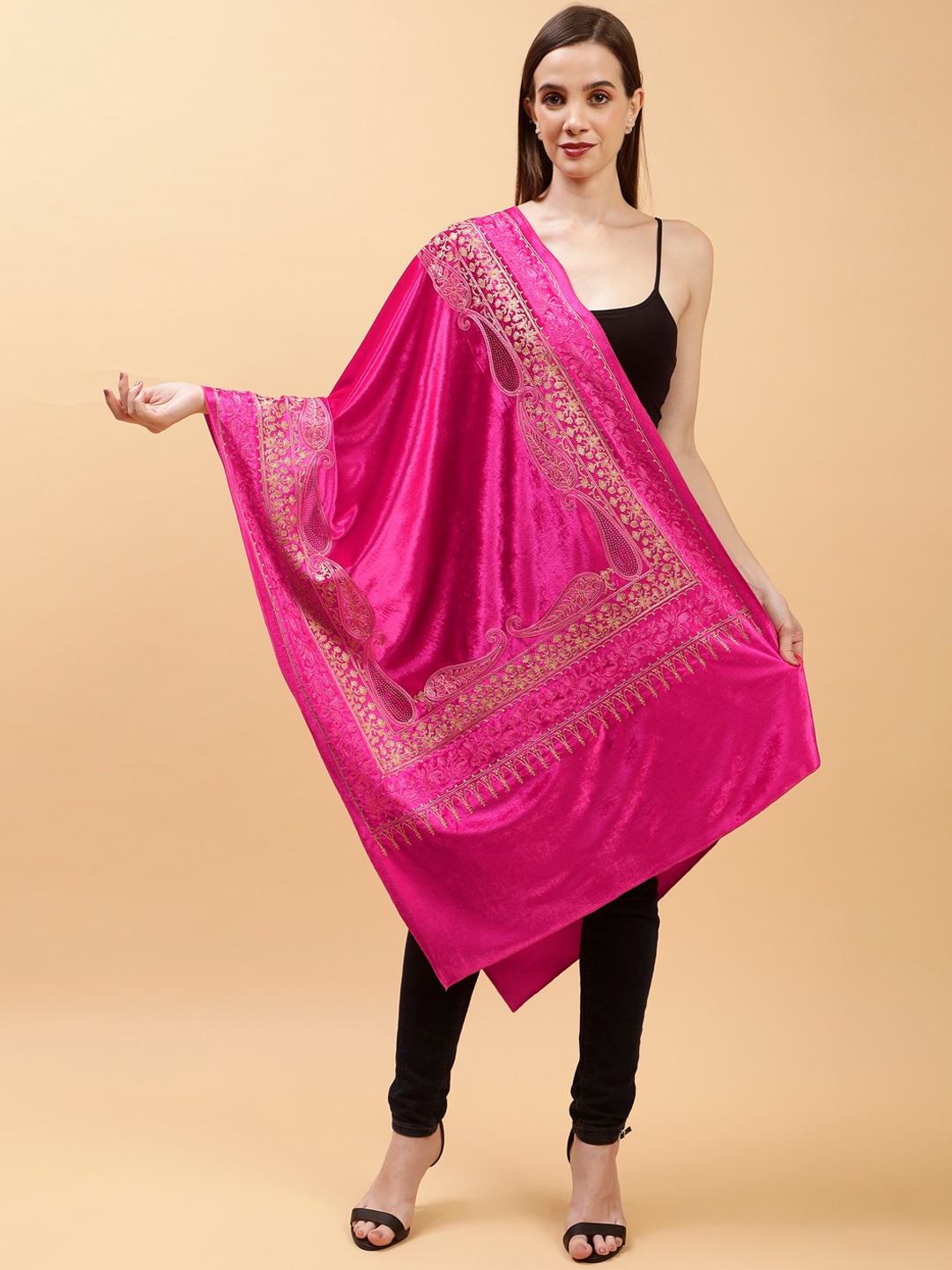 

Moda Chales Paisley Embroidered Velvet Shawl, Magenta