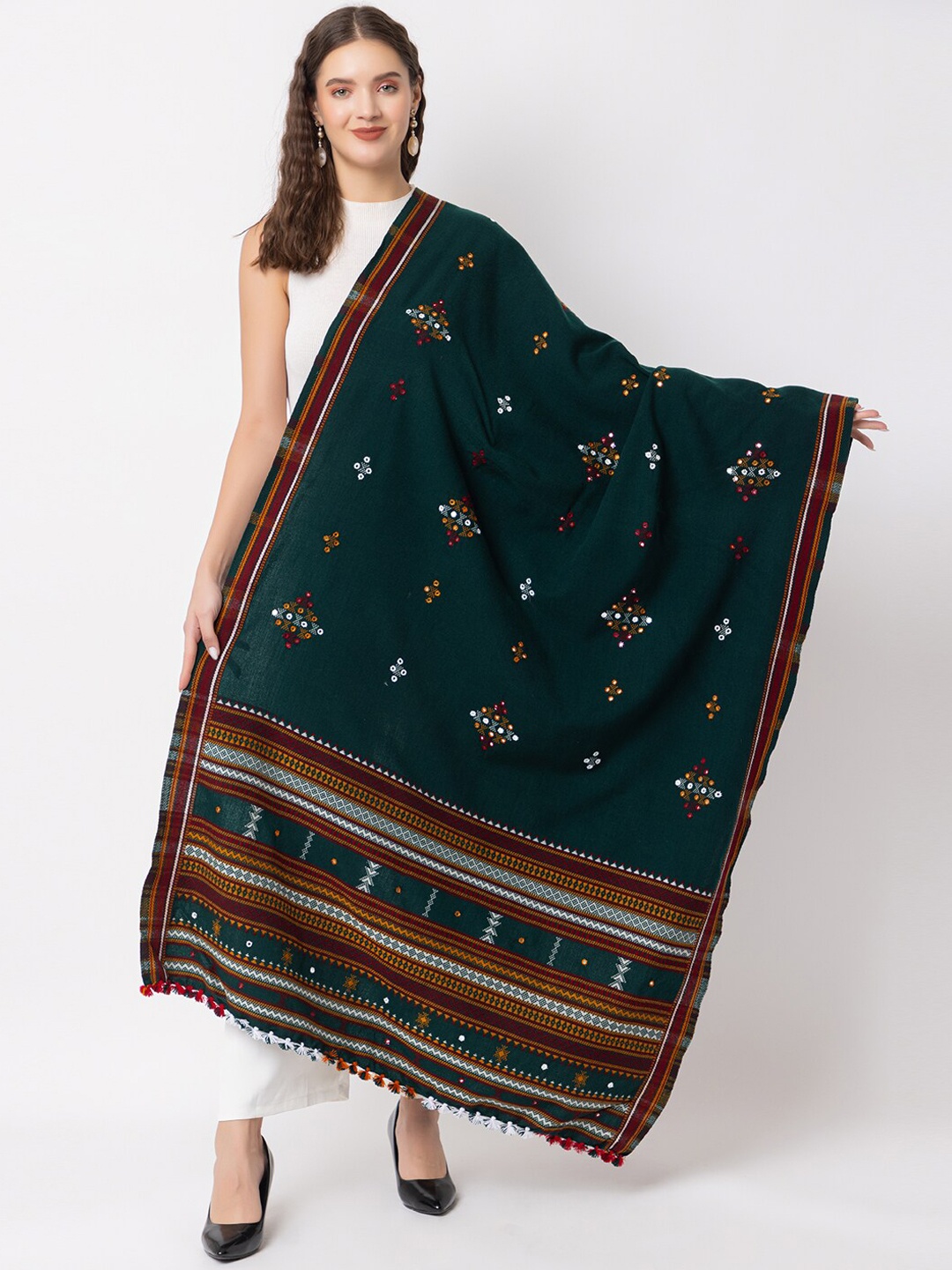 CASMIR Tribal Embroidered Mirror Work Tassel Wool Acrylic Shawl, Green