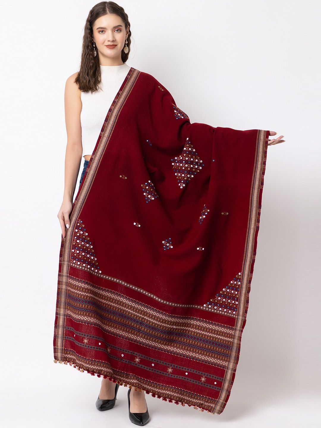 

CASMIR Embroidered Mirror Work Tassel Wool Acrylic Shawl, Maroon