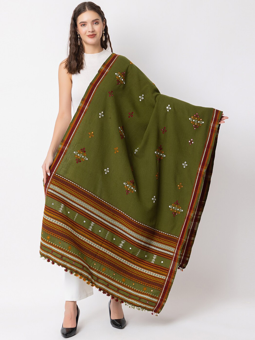 

CASMIR Embroidered Mirror Work Tassel Wool Acrylic Shawl, Olive