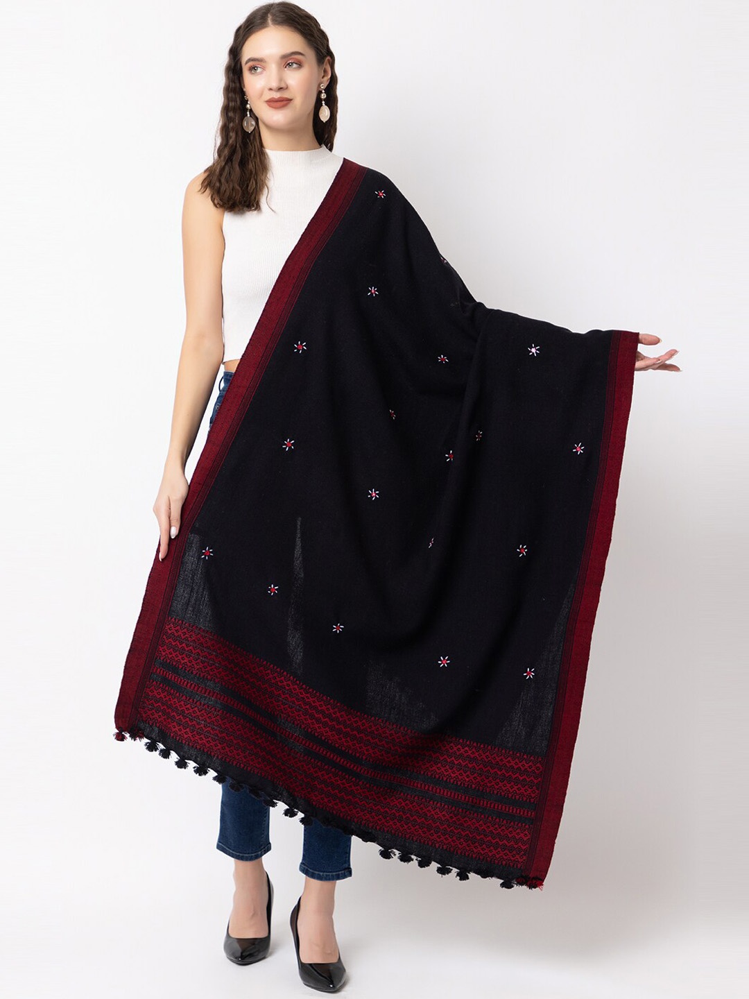 

CASMIR Embroidery Mirror Work Wool Acrylic Shawl, Black