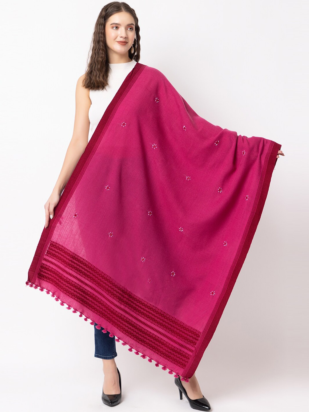 

CASMIR Embroidered Mirror Work Tassel Detail Wool Acrylic Shawl, Pink