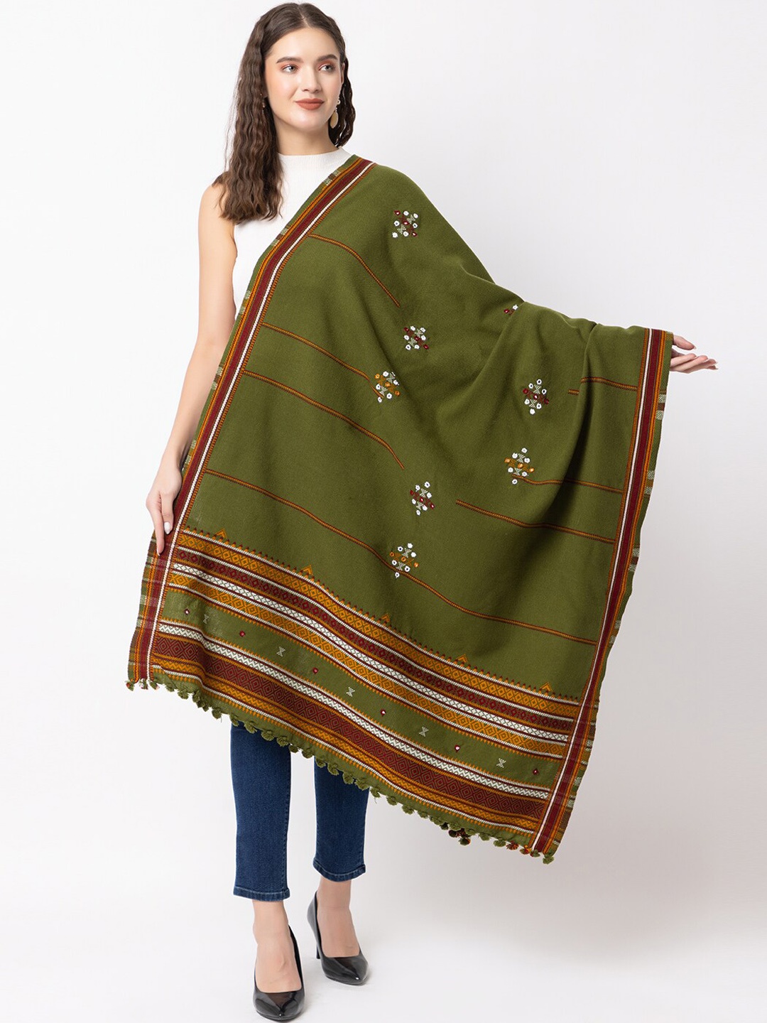 

CASMIR Embroidered Mirror Work Tassel Detail Wool Acrylic Shawl, Olive