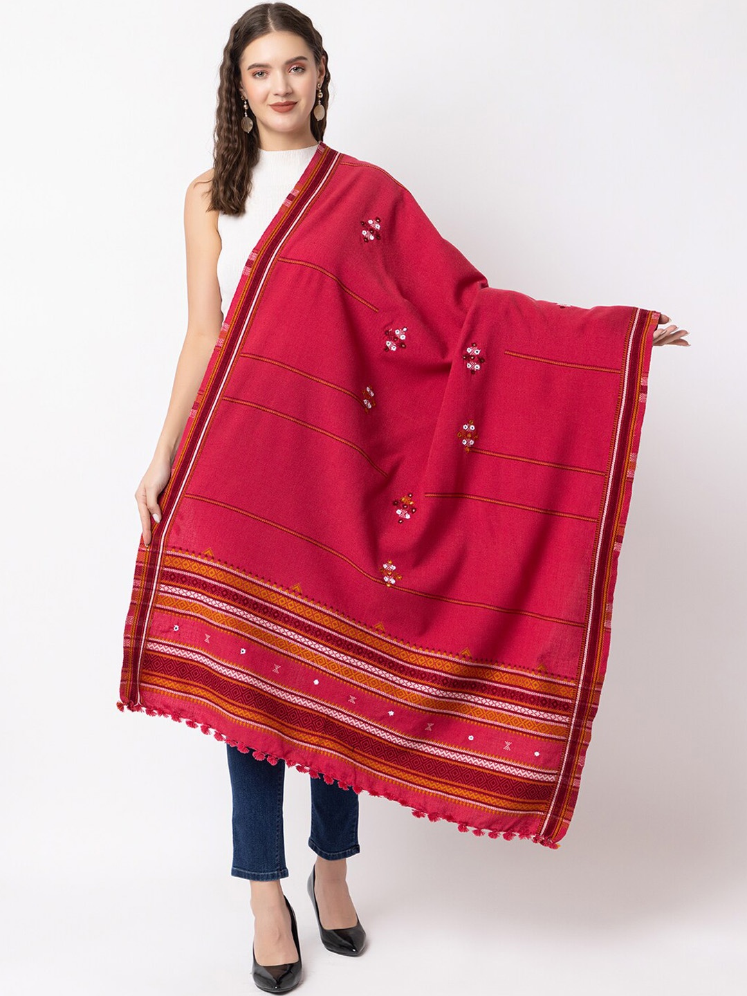 

CASMIR Embroidered Mirror Work Tassel Detail Wool Acrylic Shawl, Red
