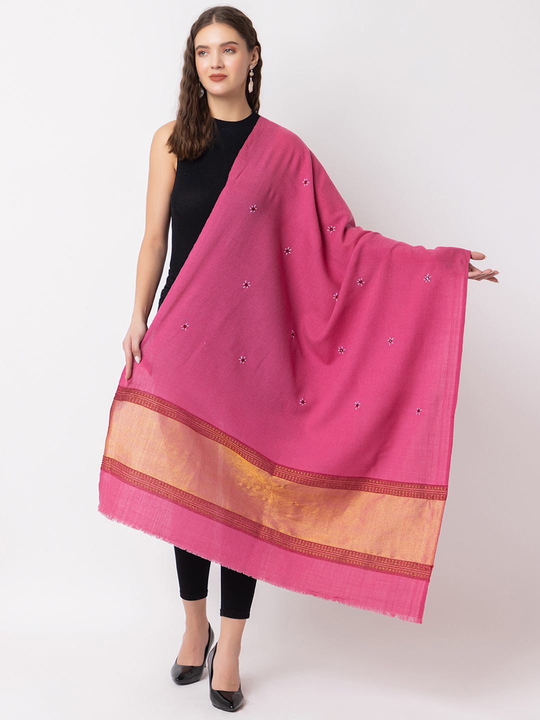

CASMIR Ethnic Motifs Embroidered Mirror Work Fringed Shawl, Pink
