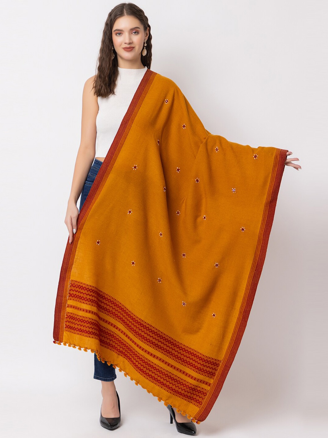 

CASMIR Ethnic Motifs Embroidered Mirror Work Tasseled Shawl, Mustard
