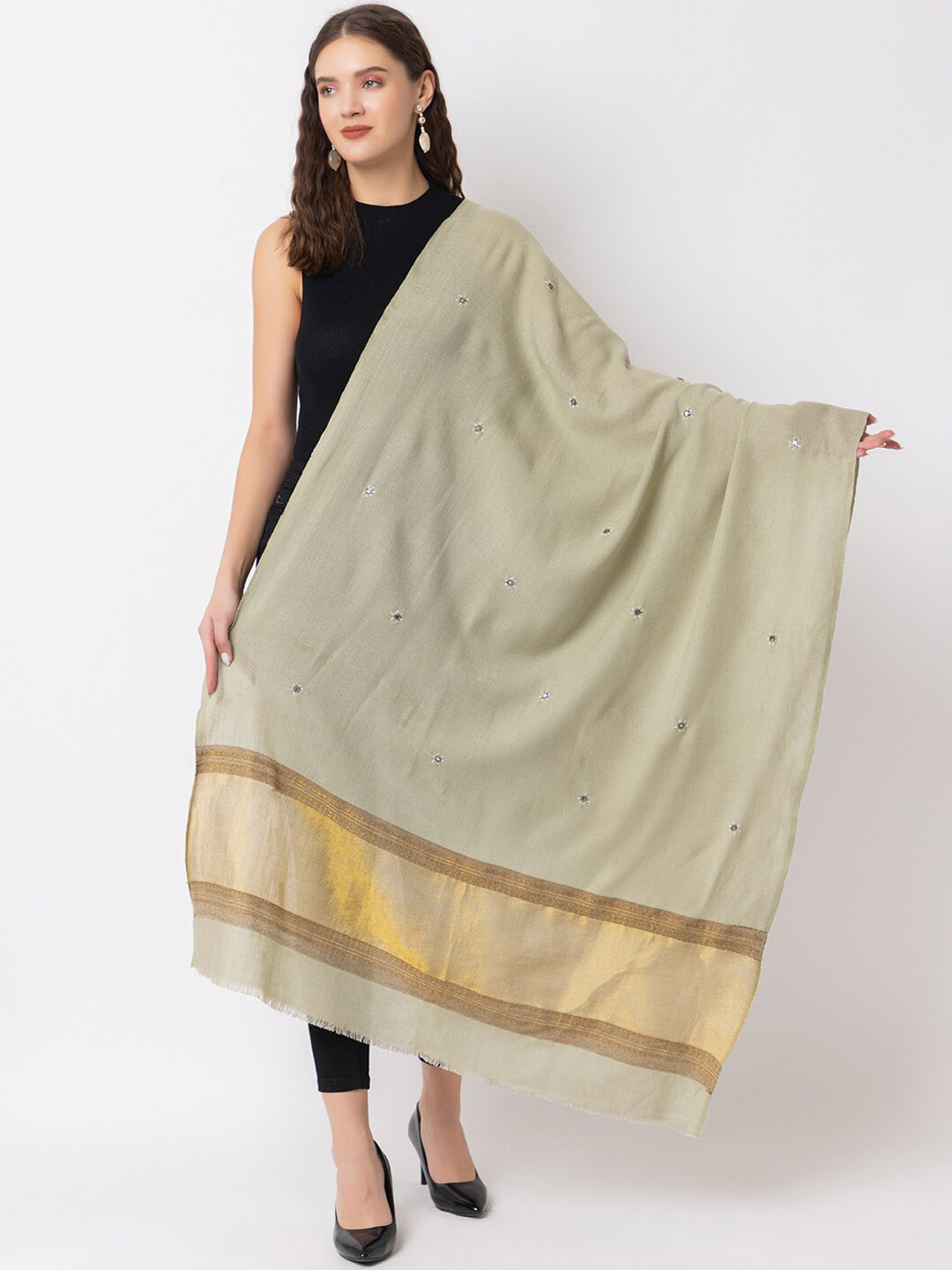 

CASMIR Ethnic Motifs Embroidered Mirror Work Fringed Shawl, Beige