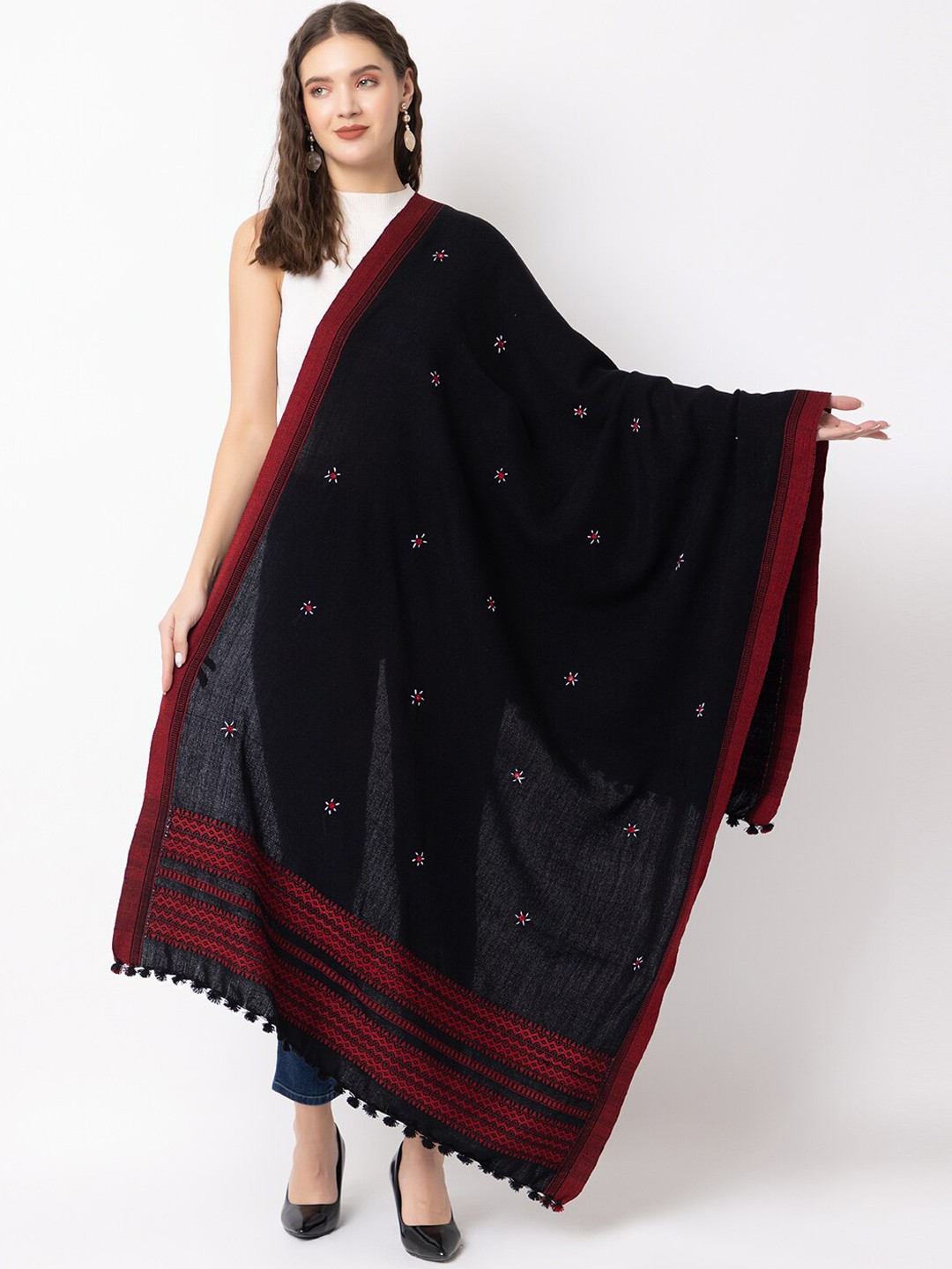 

CASMIR Ethnic Motifs Embroidered Mirror Work Tasseled Shawl, Black