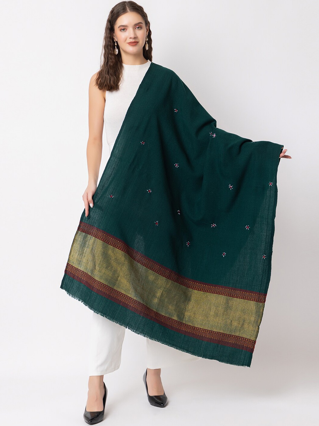 

CASMIR Ethnic Motifs Embroidered Mirror Work Fringed Shawl, Green
