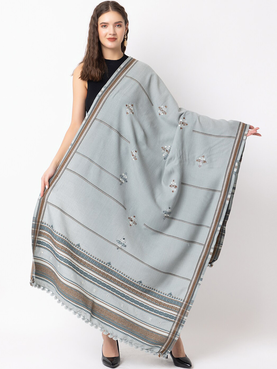 

CASMIR Ethnic Motifs Embroidered Mirror Work Shawl, Grey