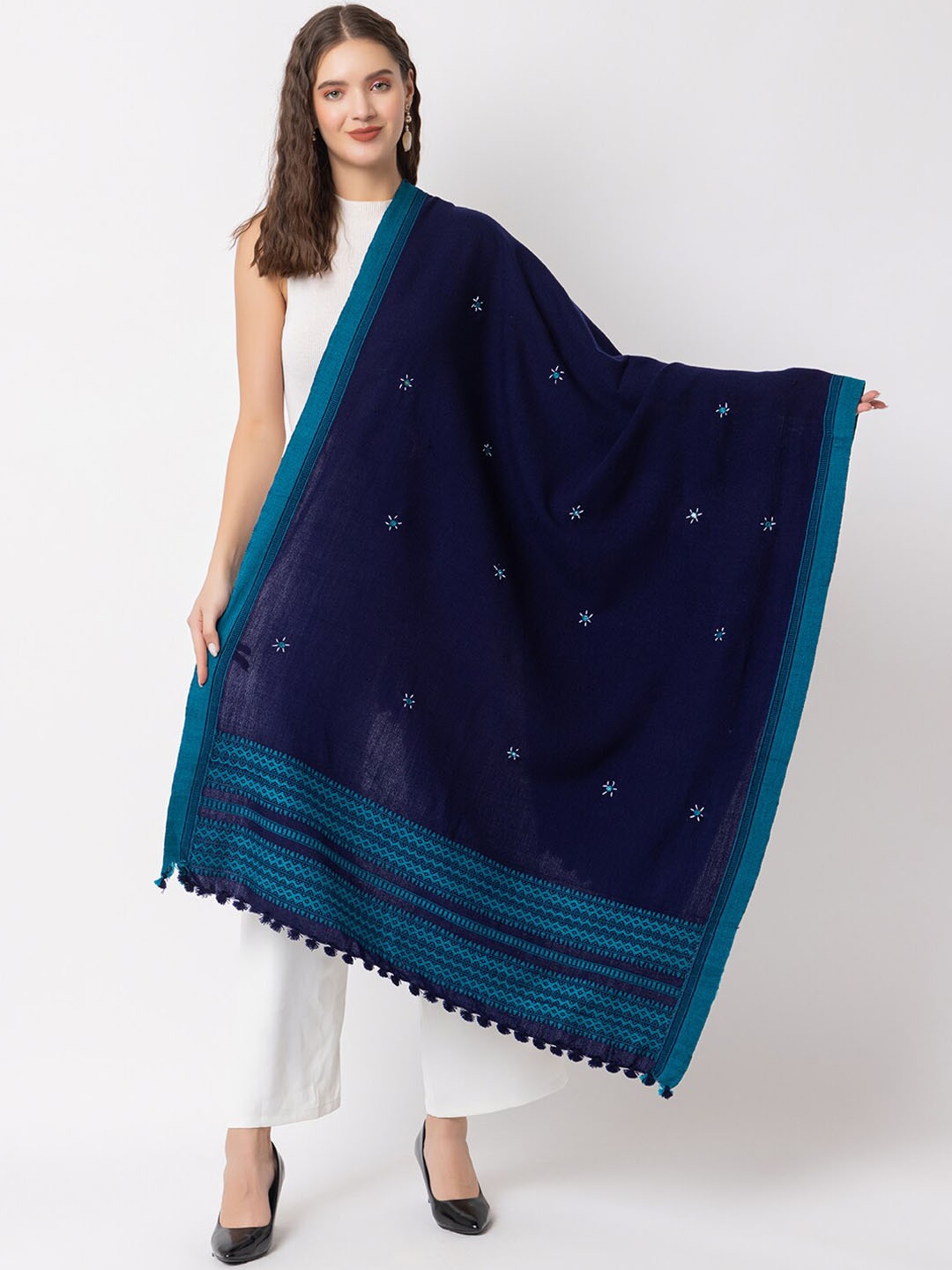 

CASMIR Ethnic Motifs Embroidered Mirror Work Shawl, Navy blue