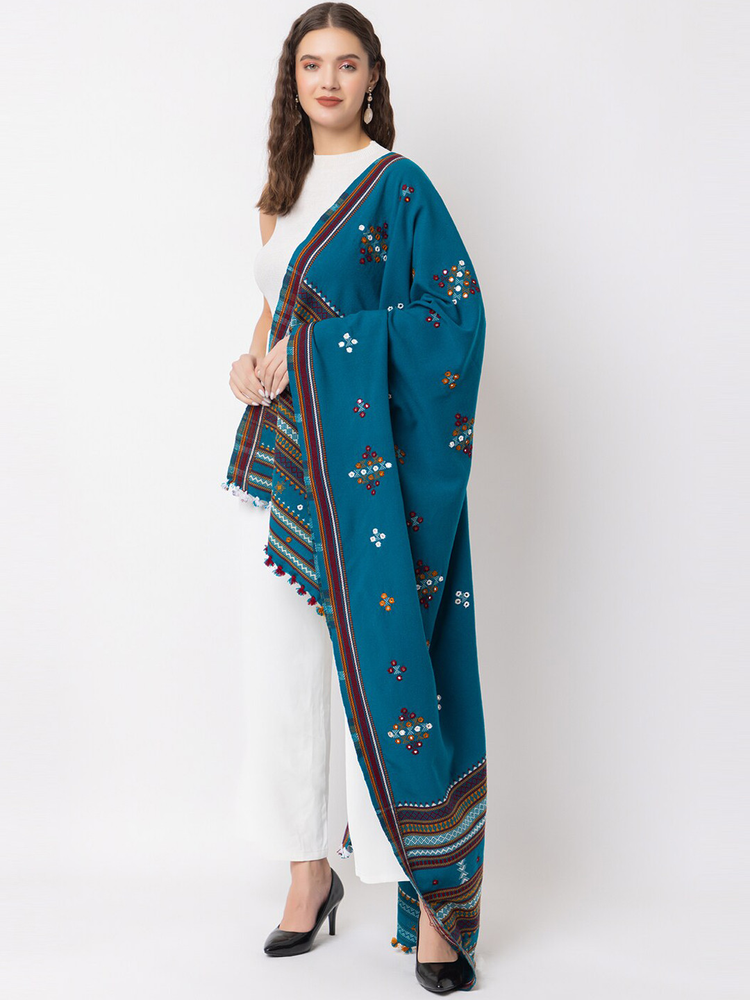 

CASMIR Ethnic Motifs Embroidered Mirror Work Shawl, Sea green