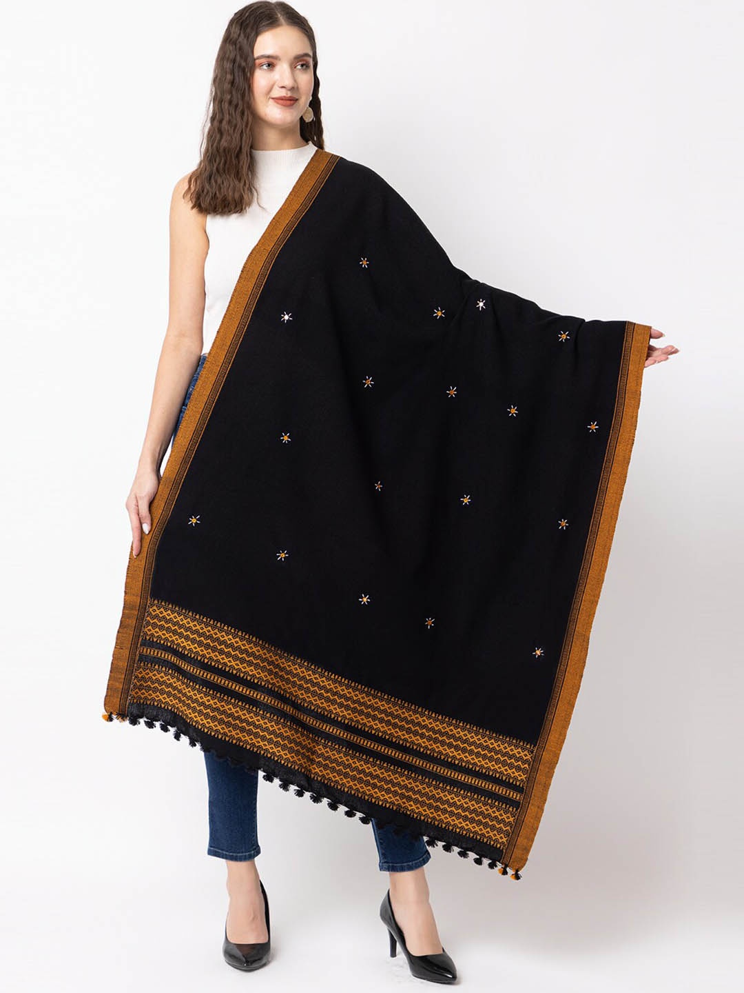 

CASMIR Ethnic Motifs Embroidered Mirror Work Shawl, Black