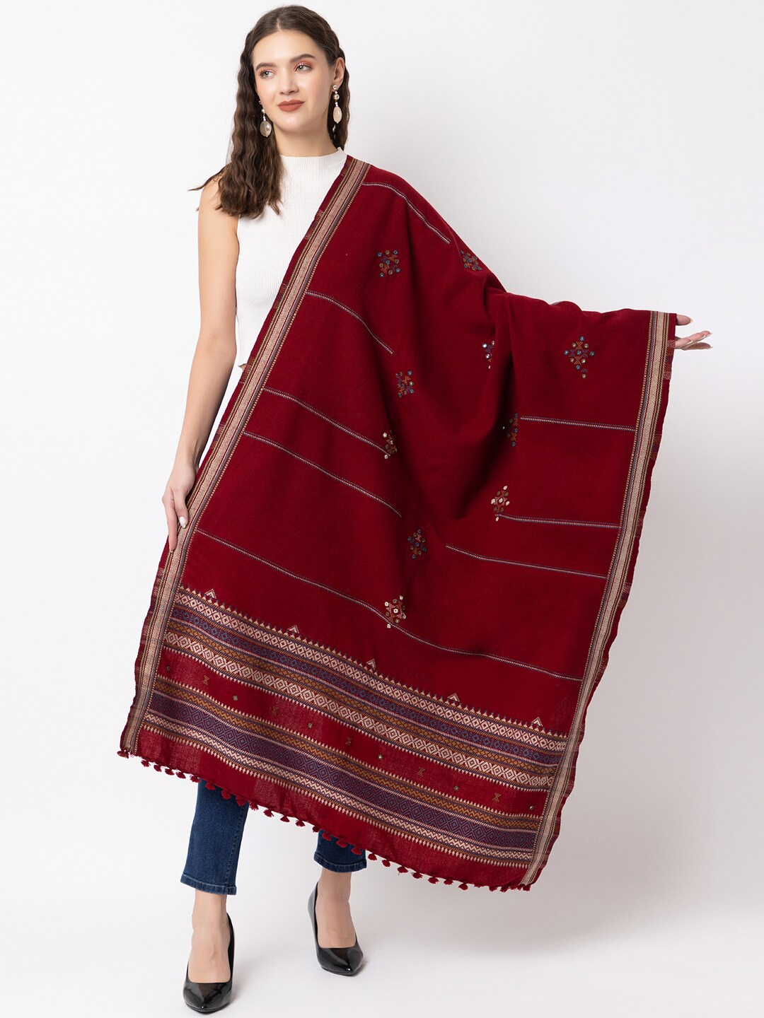 

CASMIR Ethnic Motifs Embroidered Mirror Work Shawl, Maroon