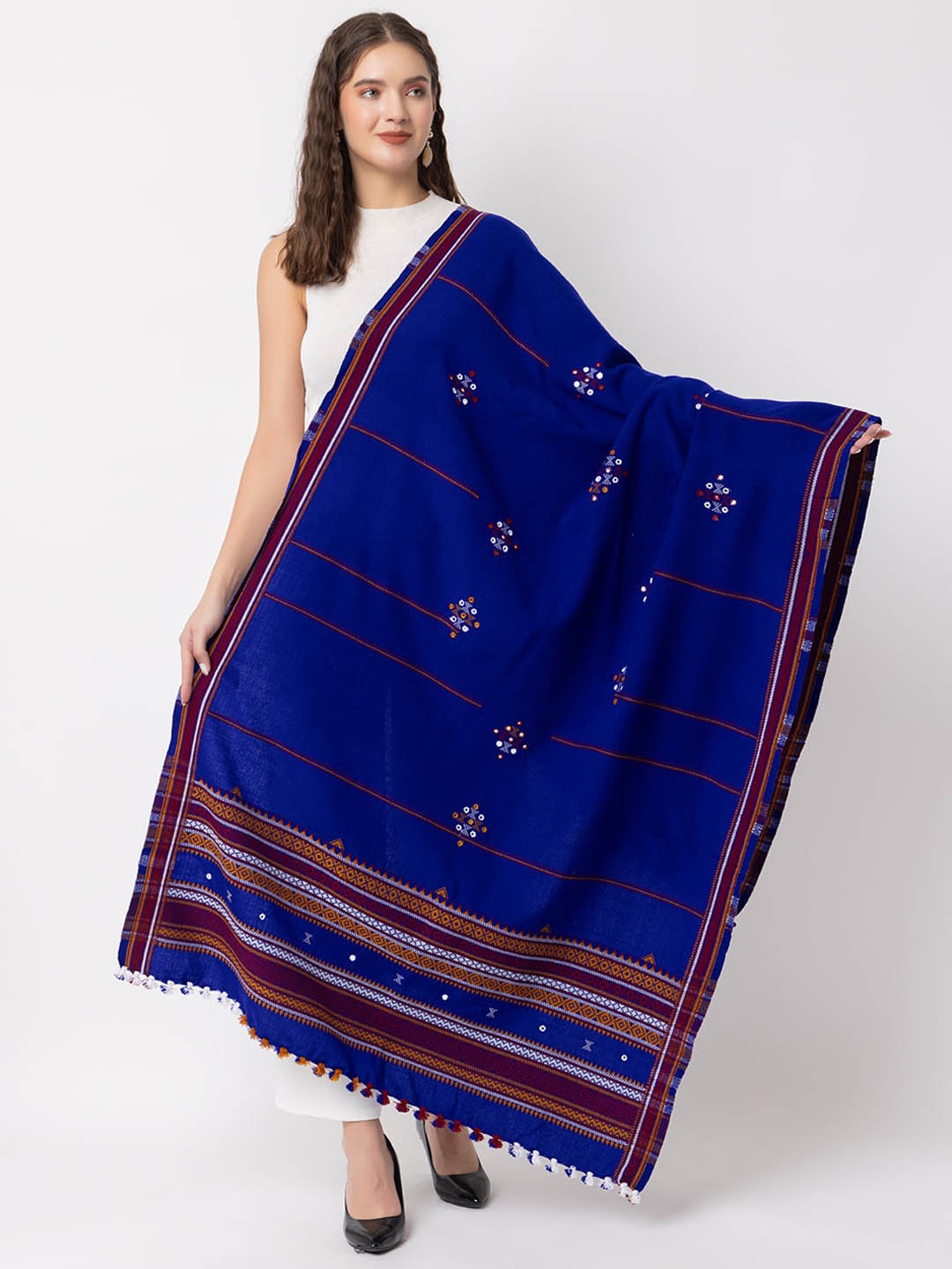 

CASMIR Embroidered Mirror Work Tassel Detail Shawl, Blue