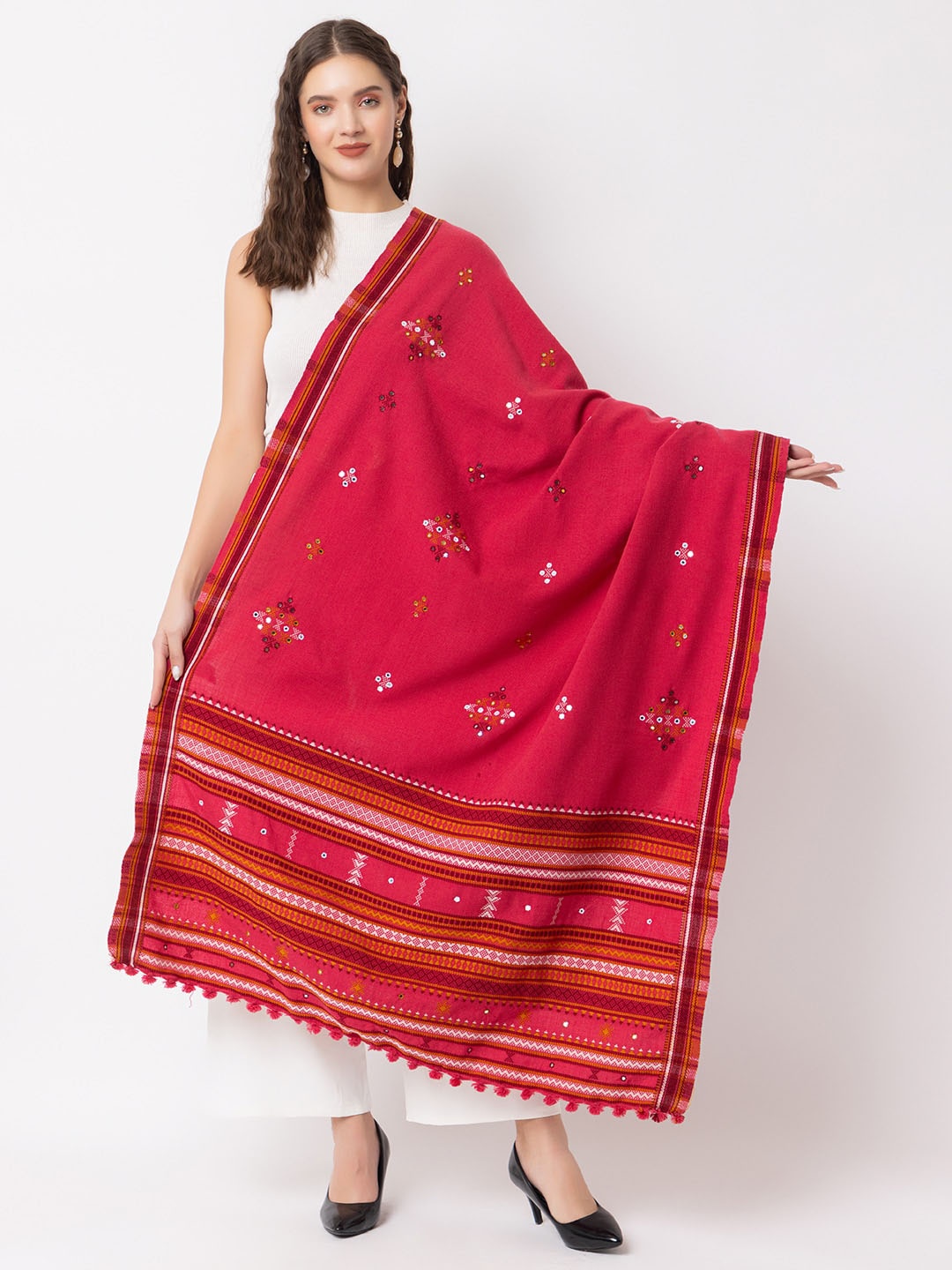 

CASMIR Embroidered Mirror Work Tassel Detail Shawl, Pink