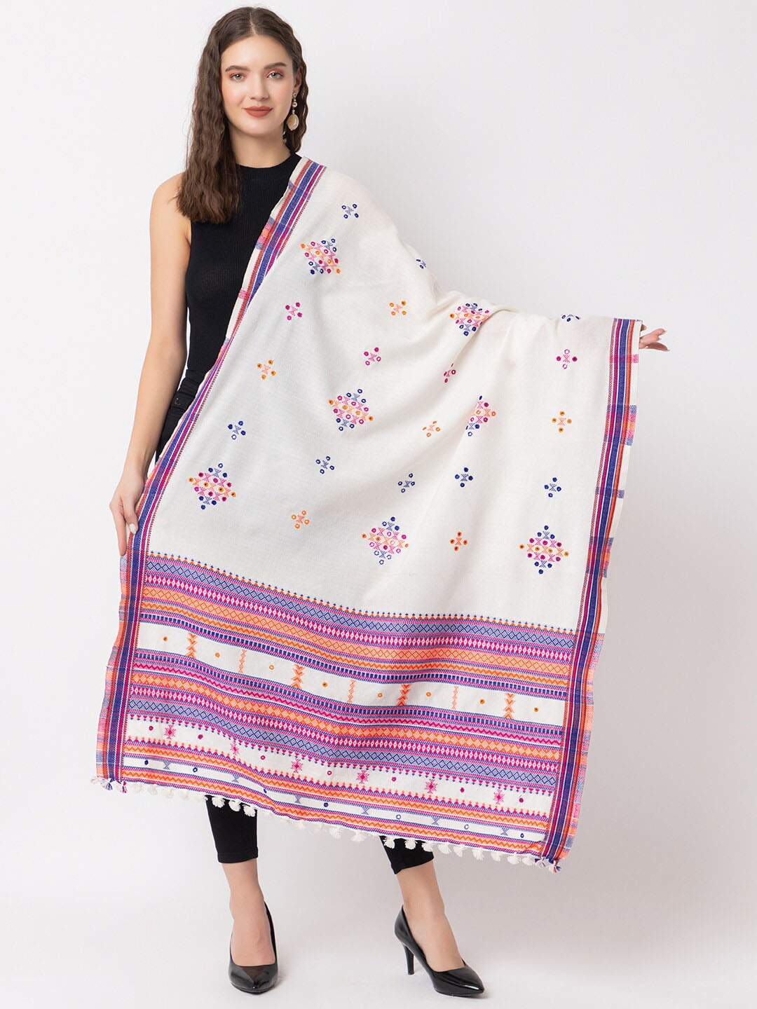 

CASMIR Embroidered Mirror Work Tassel Detail Shawl, White