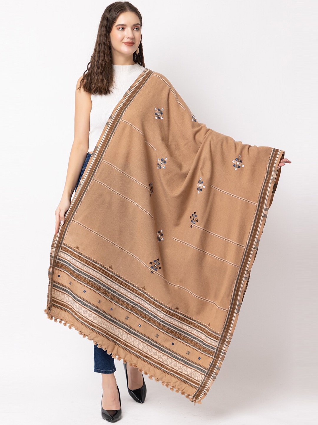 

CASMIR Embroidered Mirror Work Tassel Detail Shawl, Beige