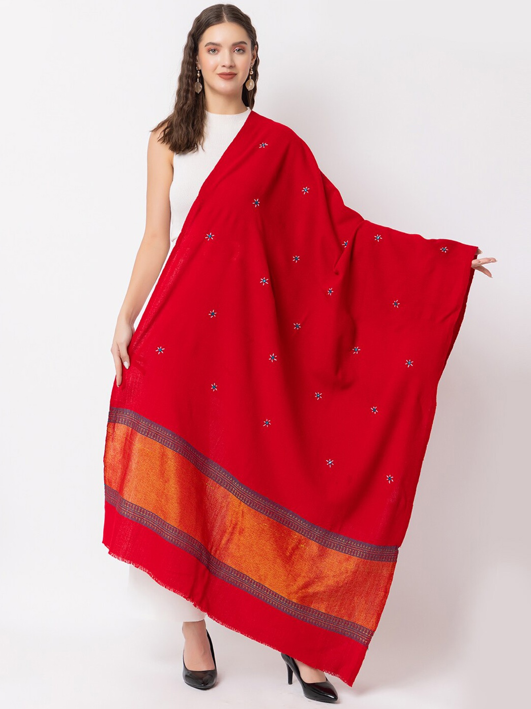 CASMIR Embroidered Mirror Work Fringed Detail Shawl, Red