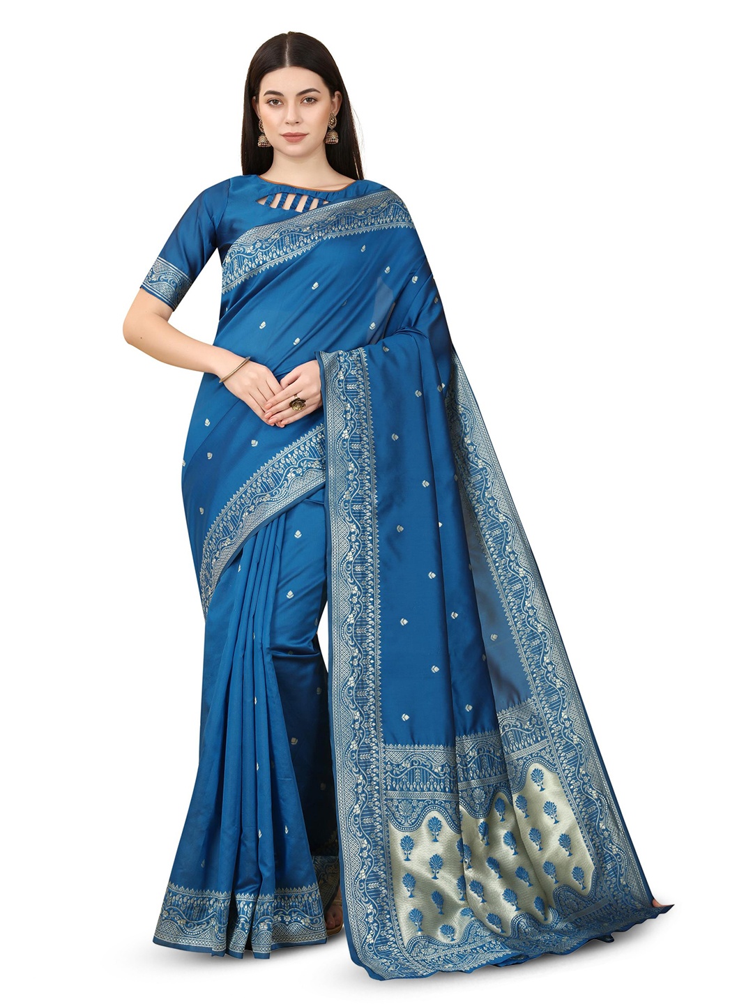 

LIMDO Pure Silk Ethnic Motif Woven Design Zari Banarasi Saree, Teal