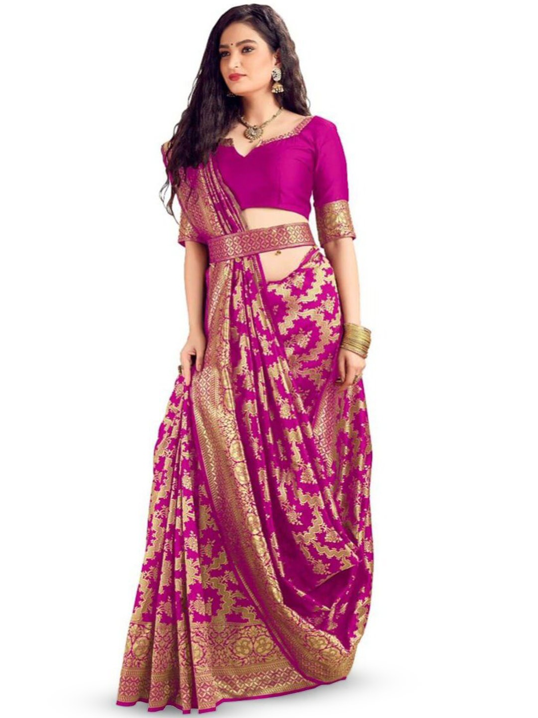 

LIMDO Pure Silk Ethnic Motif Woven Design Zari Banarasi Saree, Pink