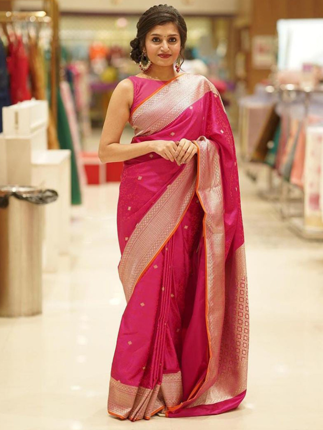 

LIMDO Zari Pure Banarasi Silk Saree, Pink