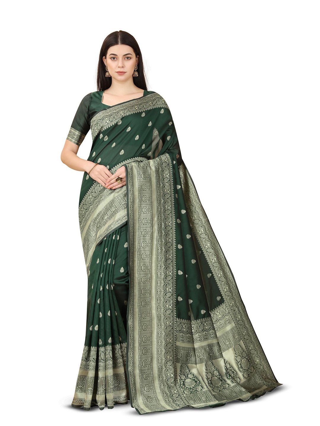 

LIMDO Pure Silk Zari Ethnic Motifs Woven Design Banarasi Saree, Green