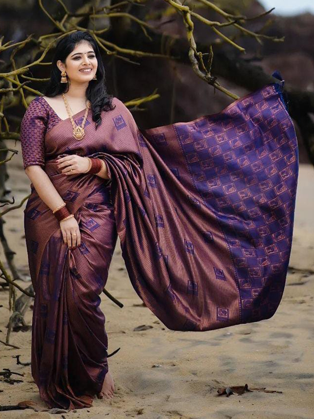 

LIMDO Pure Silk Woven Design Banarasi Saree, Purple