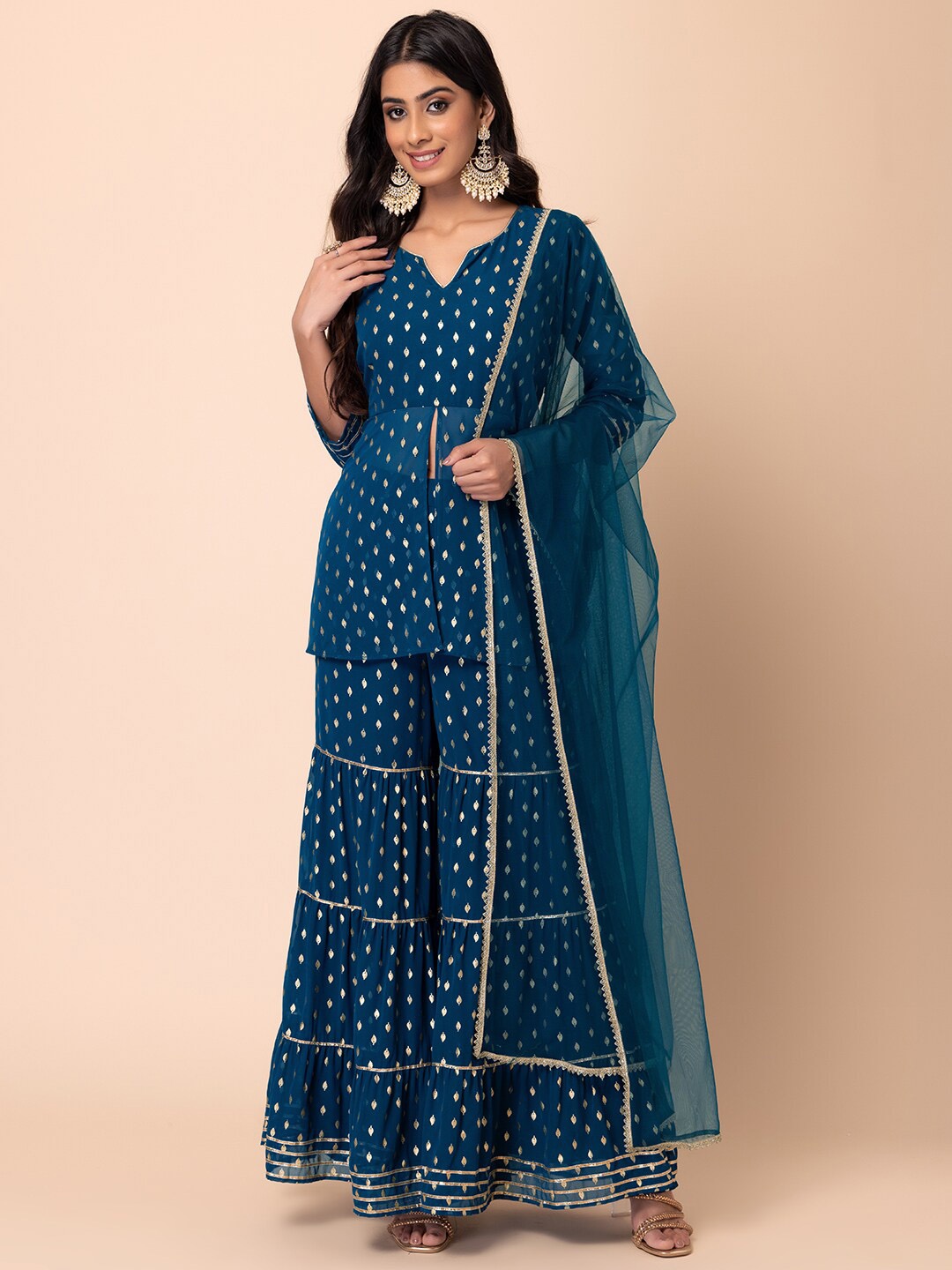 

INDYA Ethnic Motifs Printed Gotta Patti Georgette A Line Kurti With Sharara & Dupatta, Blue