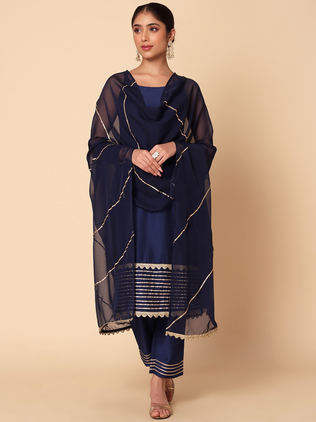 

INDYA Gotta Patti Straight Kurta With Trousers & Dupatta, Blue
