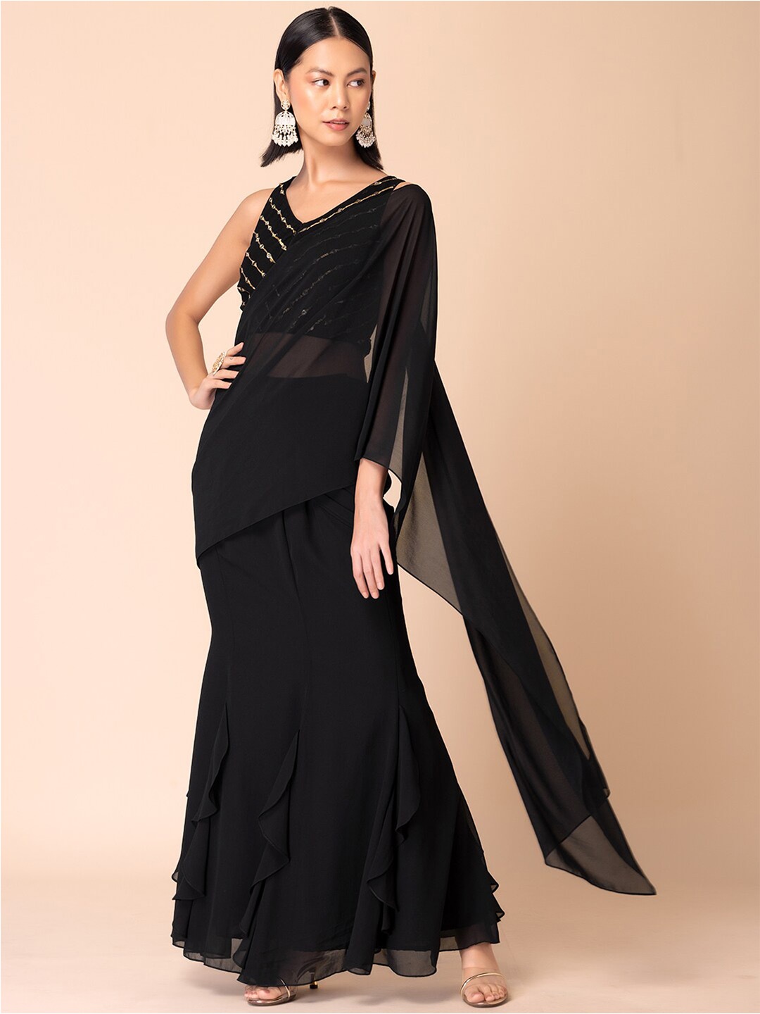 

INDYA Ready To Wear Ruffled Saree With Stitched Blouse, Black