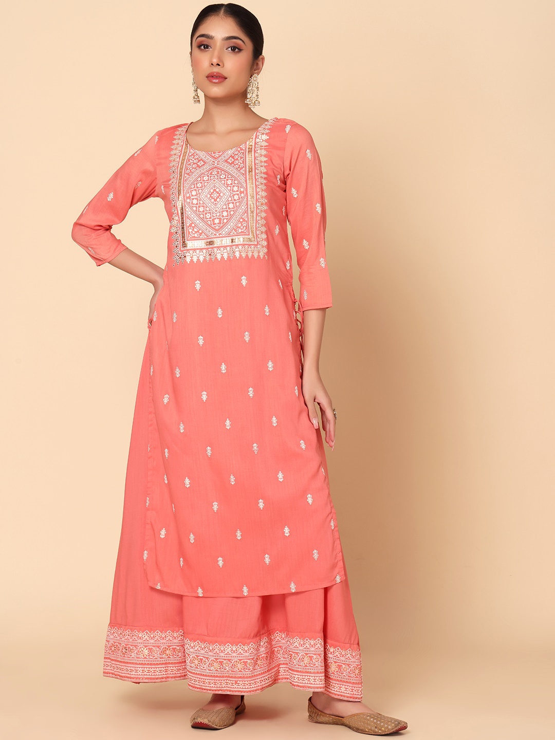 

INDYA Ethnic Motifs Printed Round Neck Straight Regular Kurta, Peach