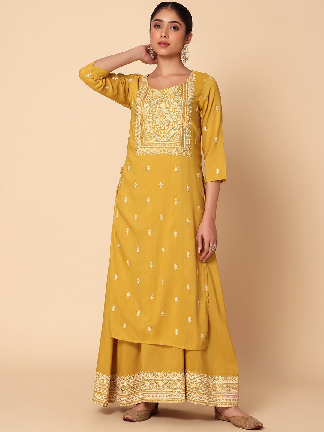 

INDYA Ethnic Motifs Printed Round Neck Straight Regular Kurta, Mustard