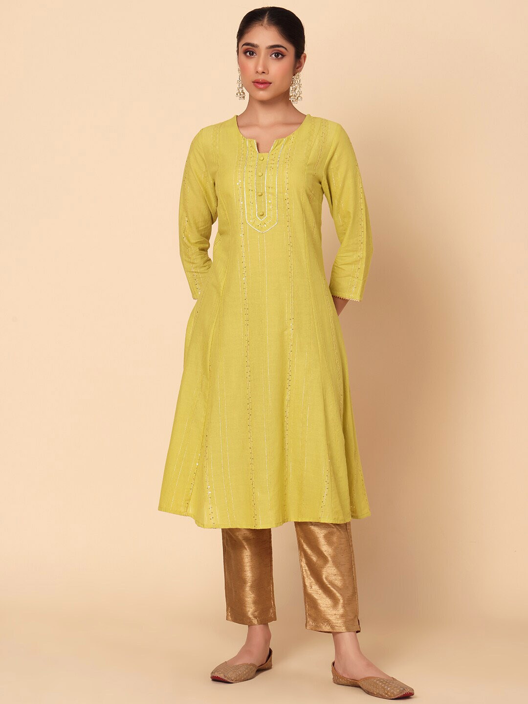 

INDYA Ethnic Motif Embroidered Sequins Pure Cotton Straight Kurta, Green