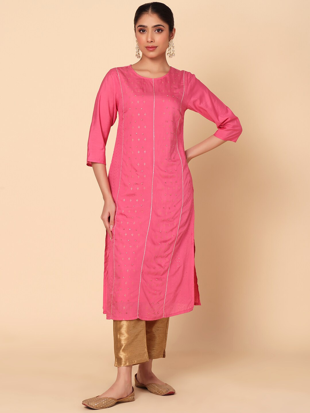 

INDYA Ethnic Motif Woven Design Straight Kurta, Pink