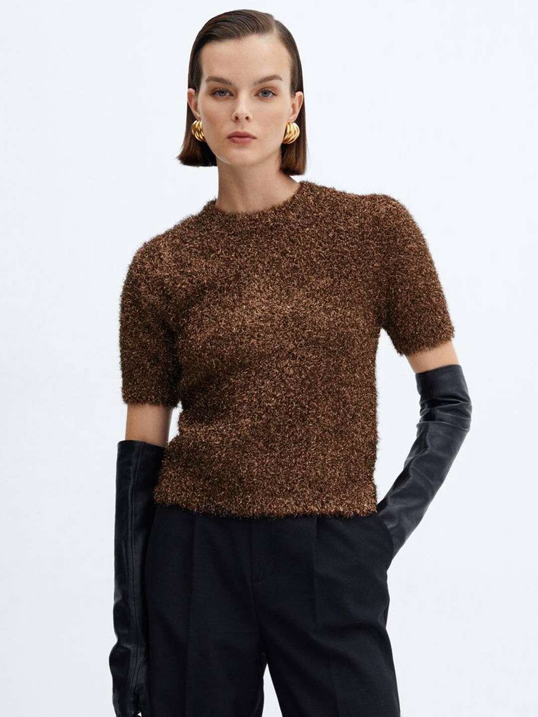 

MANGO Fuzzy Detail Pullover, Brown